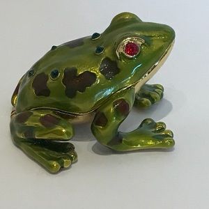 Enameled Bejeweled Frog Hinged Trinket Box 2” Red Eyes Gold Green.